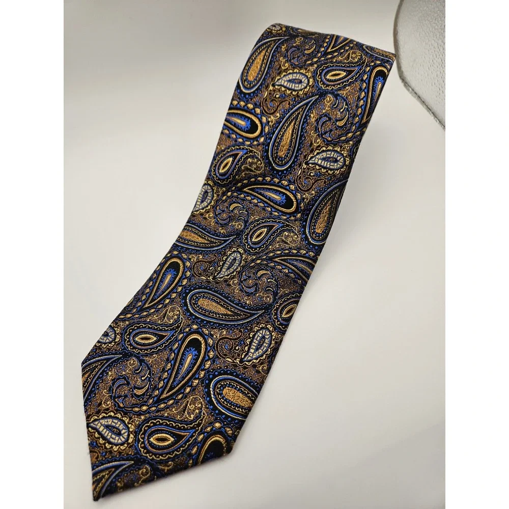 Enro‎ Platinum+ Mens Silk Necktie Gold Royal Blue Black Paisley Woven Tie